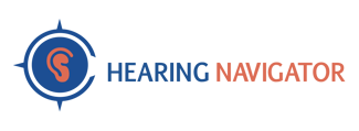 Image is a blue compass with an icon of an orange ear inside an inner circle. To the right are the horizontal words Hearing Navigator.
